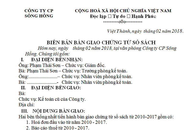 Biên bản bàn giao chứng từ sổ sách